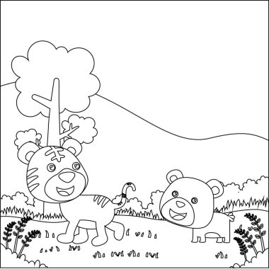 Çizgi film vahşi hayvan konsepti, ormandaki sevimli kaplan ve ayı. Çocuk aktivite kitabı ya da sayfa boyama için yaratıcı vektör tasarımı.