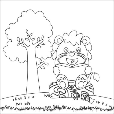 Ağaç gövdesinde oturup kitap okuyan komik aslan tasviri. Çocuk aktivite kitabı ya da sayfa boyama için yaratıcı vektör tasarımı.