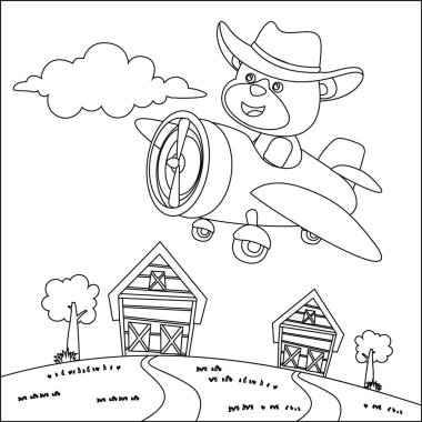 Uçakta uçan sevimli küçük bir ayı. Çizgi film izole vektör çizimi, çocuk aktivite kitabı veya sayfa boyama için yaratıcı vektör tasarımı.