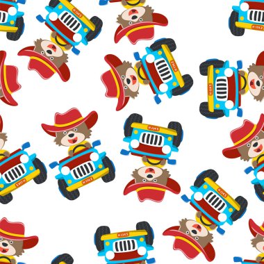 Sevimli ayı çizgi filmi off-road arabasıyla ormana giderken eğleniyor. Kumaş tekstil, bebek odası duvar kâğıdı, poster, broşür için yaratıcı vektör çocuksu arka plan. ve diğer dekorasyon.