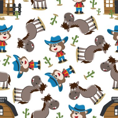 Komik ayının kusursuz bir örneği çöldeki şerif ve at çocuklar için tişört tasarımı. Kumaş tekstil, çocuk odası duvar kâğıdı ve diğer dekorasyonlar için vektör çocuksu arka plan.