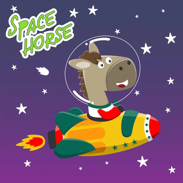Şirin at astronotu roketiyle oynuyor. Uzayda bir hayvan. Kumaş, tekstil, bebek odası duvar kâğıdı, poster, kart için el çizimi çocuk illüstrasyonları. ve diğer dekorasyon.