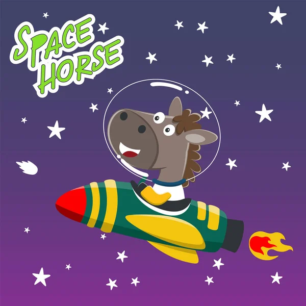 Şirin at astronotu roketiyle oynuyor. Uzayda bir hayvan. Kumaş, tekstil, bebek odası duvar kâğıdı, poster, kart için el çizimi çocuk illüstrasyonları. ve diğer dekorasyon.
