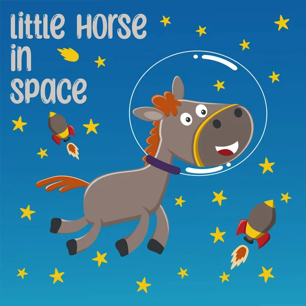 Çizgi film tarzıyla uzaydaki komik at astronotu. Tişört baskısı için kullanılabilir, çocuklar moda tasarımı giyebilir, davetiye kartı takabilir. kumaş, tekstil, çocuk odası duvar kağıdı, poster ve diğer dekorasyonlar.