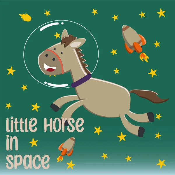 Çizgi film tarzıyla uzaydaki komik at astronotu. Tişört baskısı için kullanılabilir, çocuklar moda tasarımı giyebilir, davetiye kartı takabilir. kumaş, tekstil, çocuk odası duvar kağıdı, poster ve diğer dekorasyonlar.