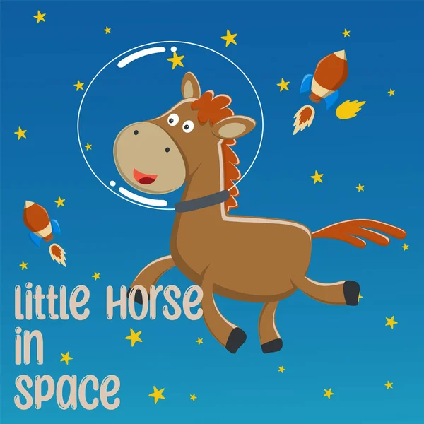 Çizgi film tarzıyla uzaydaki komik at astronotu. Tişört baskısı için kullanılabilir, çocuklar moda tasarımı giyebilir, davetiye kartı takabilir. kumaş, tekstil, çocuk odası duvar kağıdı, poster ve diğer dekorasyonlar.