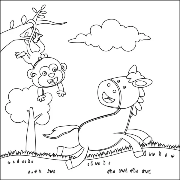 Çiftlikte yeşil tarlalı mutlu at ve maymun çizgi filmi. Çocuk aktivite kitabı ya da sayfa boyama için yaratıcı vektör tasarımı.