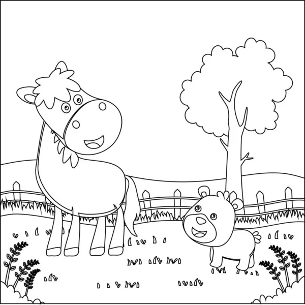 Cavalo Feliz Pequeno Urso Desenhos Animados Fazenda Com Celeiro Campo —  Vetores de Stock