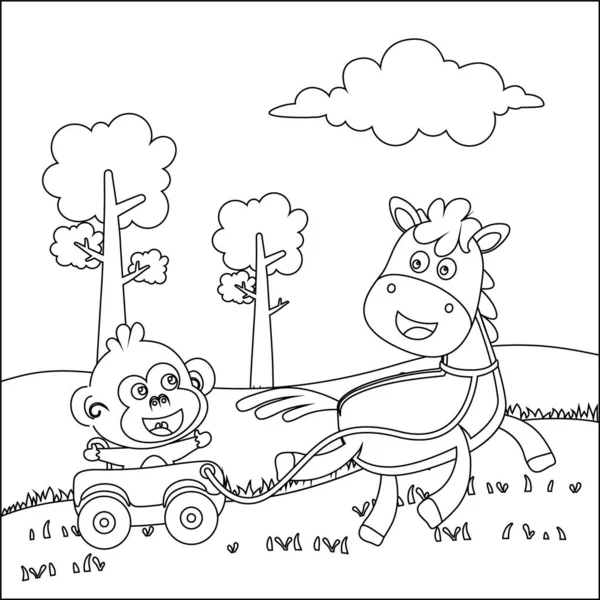 Caricatura Cavalo Macaco Feliz Fazenda Com Campo Verde Natureza Conceito —  Vetores de Stock