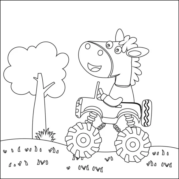 Cute little horse driving a monster car go to forest funny animal cartoon, Cartoon isolated vector illustration, Creative vector Childish design for kids activity colouring book or page.