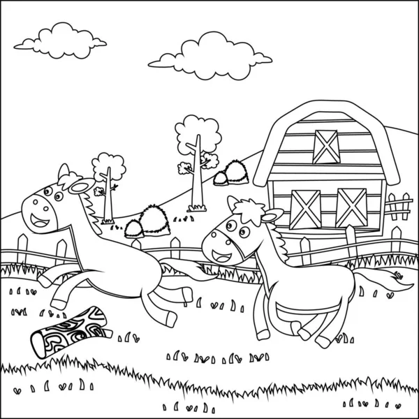 Çiftlikte mutlu iki at çizgi filmi. Ahırı, yeşil alan doğası ve köy kavramı var. Çizgi film izole vektör çizimi, çocuk aktivite kitabı veya sayfa boyama için yaratıcı vektör tasarımı