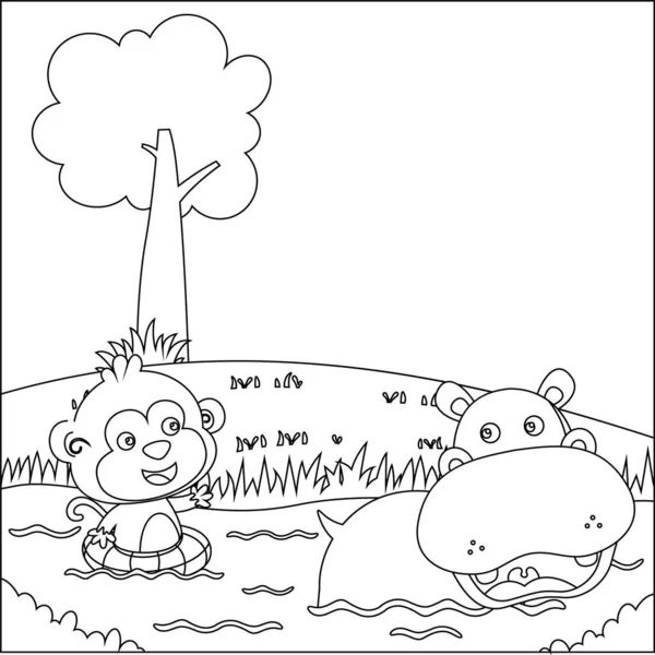 Cartoon Wild Dieren Concept Schattig Nijlpaard Aap Het Moeras Creatieve — Stockvector