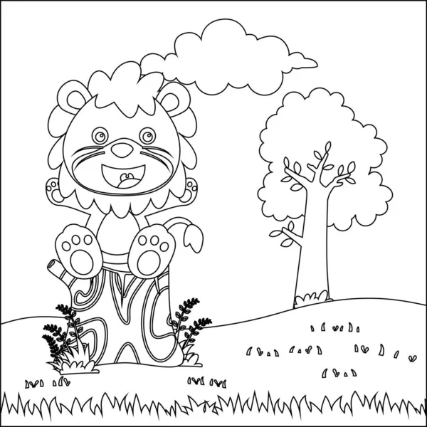 Bir ağaç kütüğünde oturan mutlu küçük aslan, çocuk aktivite kitabı ya da sayfa boyama için yaratıcı vektör tasarımı.