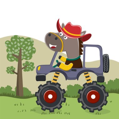 Komik hayvan sürücüsüyle canavar kamyonun vektör çizimi. Tişört baskısı için kullanılabilir, çocuklar moda tasarımı giyebilir, davetiye kartı takabilir. kumaş, tekstil, çocuk odası duvar kağıdı, poster ve diğer dekorasyonlar