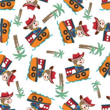 Çizgi film tarzında küçük bir teknede kusursuz bir komik ayı deseni. Tişört baskısı için, çocuklar moda tasarımları, bebek partisi davetiyeleri ve diğer dekorasyonlar için kullanılabilir.