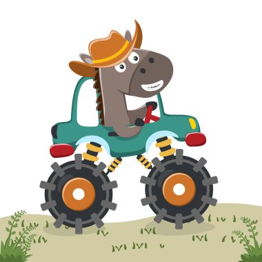 Komik hayvan sürücüsüyle canavar kamyonun vektör çizimi. Tişört baskısı için kullanılabilir, çocuklar moda tasarımı giyebilir, davetiye kartı takabilir. kumaş, tekstil, çocuk odası duvar kağıdı, poster ve diğer dekorasyonlar