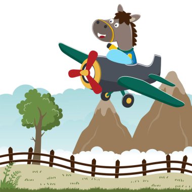 Uçakta uçan komik atın vektör çizimi. Kumaş tekstil, çocuk odası duvar kâğıdı, kart, poster ve diğer dekorasyonlar için çocuksu bir geçmiş. Vektör illüstrasyonu.