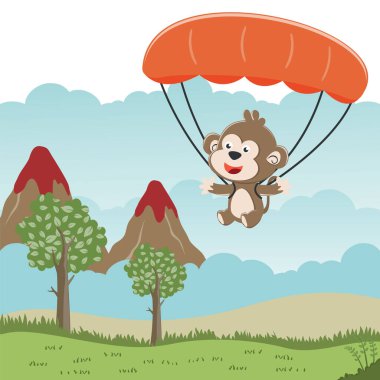 Paraşütle uçan şirin bir maymunun vektör çizimi. Çizgi film tarzında. Kumaş tekstil, bebek odası duvar kağıdı, poster, kart, broşür için yaratıcı çocuksu bir arka plan. vektör illüstrasyonu