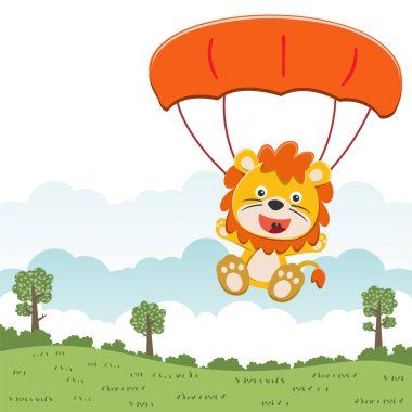 Paraşütle uçan şirin bir aslanın vektör çizimi. Çizgi film tarzında. Kumaş tekstil, bebek odası duvar kağıdı, poster, kart, broşür için yaratıcı çocuksu bir arka plan. vektör illüstrasyonu