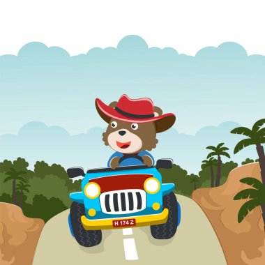 Tatlı ayı çizgi filmi güneşli bir günde araba sürerken eğleniyor. Kumaş tekstil, çocuk odası duvar kâğıdı, kart, poster ve diğer dekorasyonlar için çocuksu bir geçmiş. Vektör illüstrasyonu.