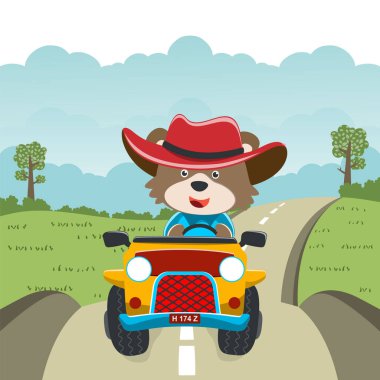 Tatlı ayı çizgi filmi güneşli bir günde araba sürerken eğleniyor. Kumaş tekstil, çocuk odası duvar kâğıdı, kart, poster ve diğer dekorasyonlar için çocuksu bir geçmiş. Vektör illüstrasyonu.