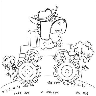 Şirin bir hayvan sürücüsü olan canavar kamyonun vektör çizimi. Çizgi film izole vektör çizimi, çocuk aktivite kitabı veya sayfa boyama için yaratıcı vektör tasarımı.