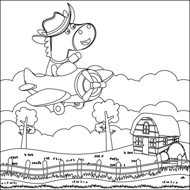 Çizgi Sanat Tasarımı, Çizgi El Çizimi, Yetişkin ve Çocuk Boyama Kitabı için Çizim Vektörü illüstrasyonuyla uçakta uçan şirin atın çizgi film çizimi.