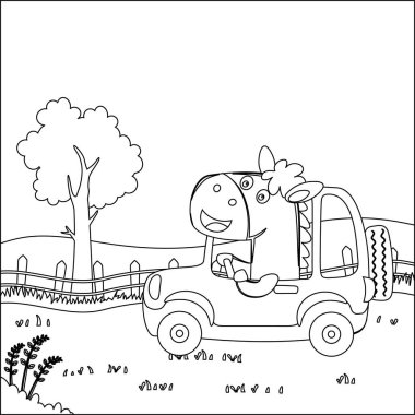 Araba süren şirin küçük at orman komik hayvan çizgi filmine gidiyor çizgi çizen el çizimi çizimi çizen çocuk grafiği Yetişkin ve Çocuk Boyama Kitabı için çizim çizimi yapıyor..