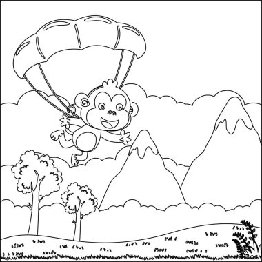 Çocuk aktivite kitabı ya da sayfa boyama için çizgi film stili çocuksu tasarımı olan küçük maymunlarla gökyüzü dalışının vektör çizimi.