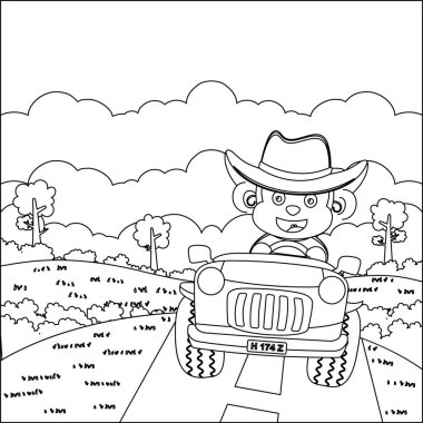 Tatlı maymun çizgi filmi güneşli bir günde araba sürerken eğleniyor. Çizgi film izole vektör çizimi, çocuk aktivite kitabı veya sayfa boyama için yaratıcı vektör tasarımı.