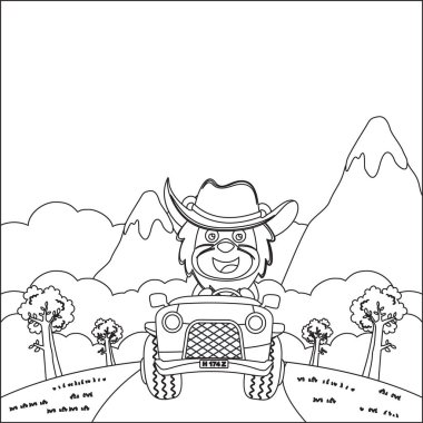 Tatlı aslan çizgi filmi güneşli bir günde araba sürerken eğleniyor. Çizgi film izole vektör çizimi, çocuk aktivite kitabı veya sayfa boyama için yaratıcı vektör tasarımı.