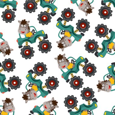 Hayvan sürücüsü olan canavar kamyonun kusursuz desenli taşıyıcısı. Kumaş tekstil, çocuk odası arka planı, bebek kıyafetleri, poster, ambalaj kağıdı ve diğer dekorasyonlar için yaratıcı vektör çocuksu arka plan.