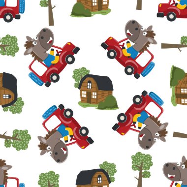 Araba süren küçük şirin atın kusursuz deseni orman komik hayvan çizgi filmine gidiyor, vektör çizimi. Vektör çizimi. Çocuklar için T-Shirt Tasarımı. Çocuklar için tasarım ögeleri.