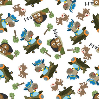 Uçakta uçan şirin atların kusursuz desenleri. Komik hayvan çizgi filmi. Kumaş tekstil, bebek odası duvar kâğıdı, poster, broşür için yaratıcı vektör çocuksu arka plan. ve diğer dekorasyon.