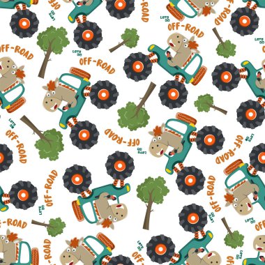 Hayvan sürücüsü olan canavar kamyonun kusursuz desenli taşıyıcısı. Kumaş tekstil, çocuk odası arka planı, bebek kıyafetleri, poster, ambalaj kağıdı ve diğer dekorasyonlar için yaratıcı vektör çocuksu arka plan.