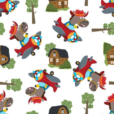 Uçakta uçan şirin atların kusursuz desenleri. Komik hayvan çizgi filmi. Kumaş tekstil, bebek odası duvar kâğıdı, poster, broşür için yaratıcı vektör çocuksu arka plan. ve diğer dekorasyon.