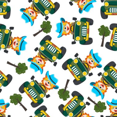 Güneşli bir günde araba sürerken eğlenen tatlı aslanın kusursuz deseni. Kumaş, tekstil, bebek odası kağıdı, tişört baskısı, çocuk giyimi ve diğer dekorasyonlar için yaratıcı vektör çocuksu arka plan.