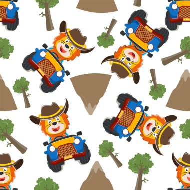 Güneşli bir günde araba sürerken eğlenen tatlı aslanın kusursuz deseni. Kumaş, tekstil, bebek odası kağıdı, tişört baskısı, çocuk giyimi ve diğer dekorasyonlar için yaratıcı vektör çocuksu arka plan.