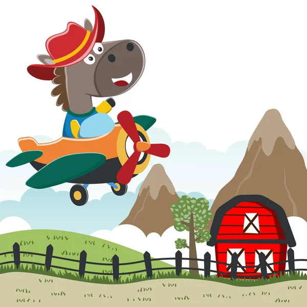 Uçakta uçan komik atın vektör çizimi. Kumaş tekstil, çocuk odası duvar kâğıdı, kart, poster ve diğer dekorasyonlar için çocuksu bir geçmiş. Vektör illüstrasyonu.