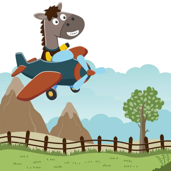 Uçakta uçan komik atın vektör çizimi. Kumaş tekstil, çocuk odası duvar kâğıdı, kart, poster ve diğer dekorasyonlar için çocuksu bir geçmiş. Vektör illüstrasyonu.