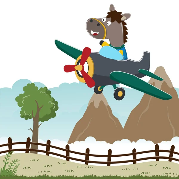 Uçakta uçan komik atın vektör çizimi. Kumaş tekstil, çocuk odası duvar kâğıdı, kart, poster ve diğer dekorasyonlar için çocuksu bir geçmiş. Vektör illüstrasyonu.
