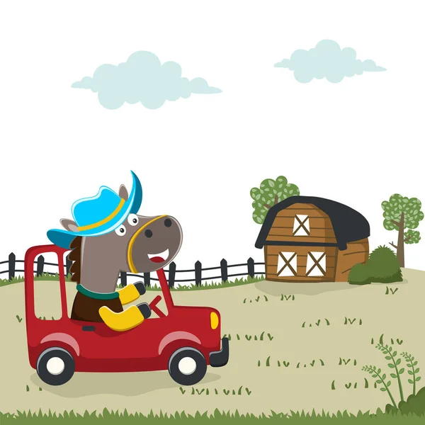 Cute Horse Driving Car Forest Funny Animal Cartoon Creative Vector — Stock Vector