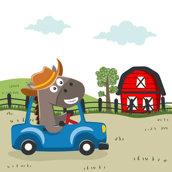 Araba süren şirin at orman komik hayvan çizgi filmine gidiyor. Kumaş, tekstil, bebek odası duvar kâğıdı, poster, kart, broşür için yaratıcı çocuksu bir geçmiş. ve diğer dekorasyon.
