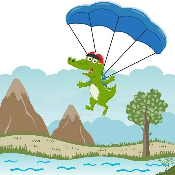 Vektorová Ilustrace Roztomilého Krokodýla Letícího Padákem Kresleným Stylem Kreativní Vektorové — Stockový vektor