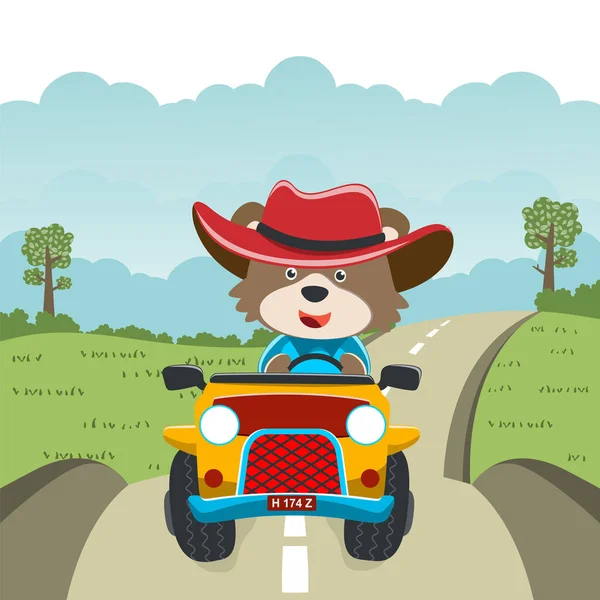 Tatlı ayı çizgi filmi güneşli bir günde araba sürerken eğleniyor. Kumaş tekstil, çocuk odası duvar kâğıdı, kart, poster ve diğer dekorasyonlar için çocuksu bir geçmiş. Vektör illüstrasyonu.