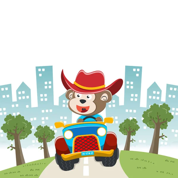 Tatlı maymun çizgi filmi güneşli bir günde araba sürerken eğleniyor. Kumaş tekstil, çocuk odası duvar kâğıdı, kart, poster ve diğer dekorasyonlar için çocuksu bir geçmiş. Vektör illüstrasyonu.