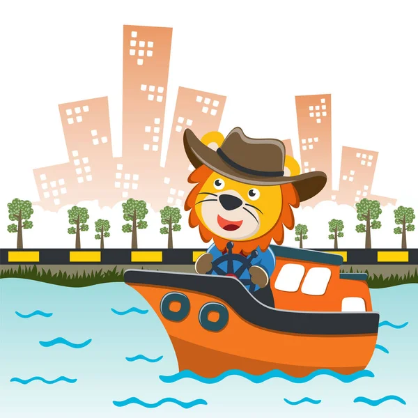 Çizgi film tarzında küçük bir teknede komik aslan çizgi filmi vektörü. Kumaş, tekstil, bebek odası duvar kâğıdı, poster, kart, broşür için yaratıcı çocuksu bir geçmiş. ve diğer dekorasyon.