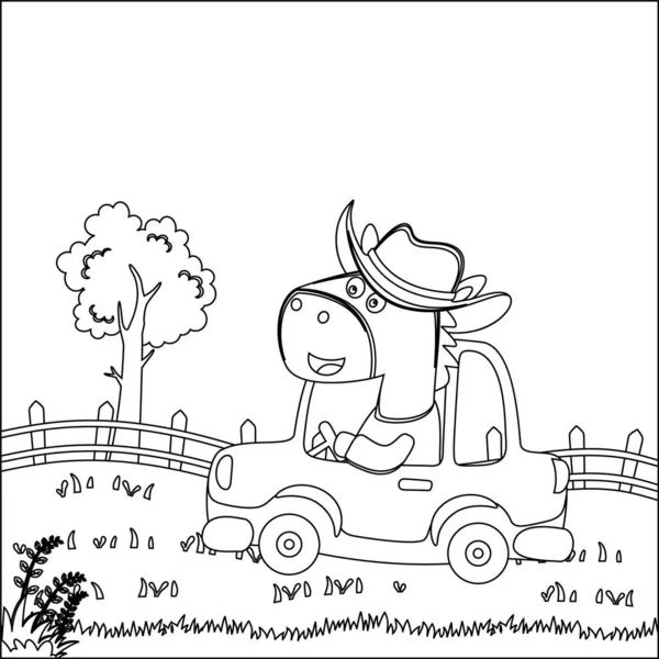 Araba süren şirin küçük at orman komik hayvan çizgi filmine gidiyor çizgi çizen el çizimi çizimi çizen çocuk grafiği Yetişkin ve Çocuk Boyama Kitabı için çizim çizimi yapıyor..