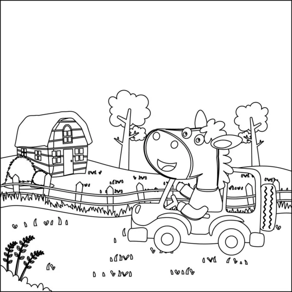 Araba süren şirin küçük at orman komik hayvan çizgi filmine gidiyor çizgi çizen el çizimi çizimi çizen çocuk grafiği Yetişkin ve Çocuk Boyama Kitabı için çizim çizimi yapıyor..