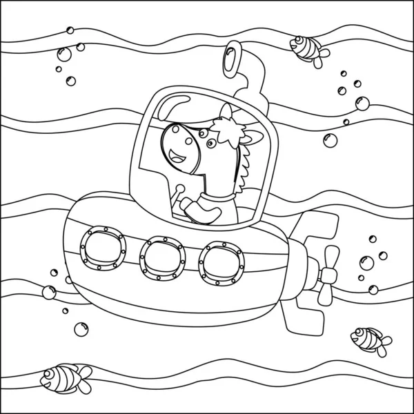 Çizgi film tarzında at süren küçük denizaltının vektör çizimi, çocuk aktivite kitabı ya da sayfa boyama.